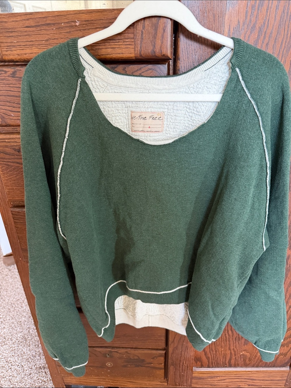 Free People Forest Green Scoop-Neck Pullover with Cream Trim